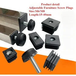 2/4 Stuks Zwart Vierkant Plastic Pijppluggen Verstelbare Schroef Voet Pad Meubilair Been Eindkappen Schroef Maat M6 M8 Lengte 15-40mm