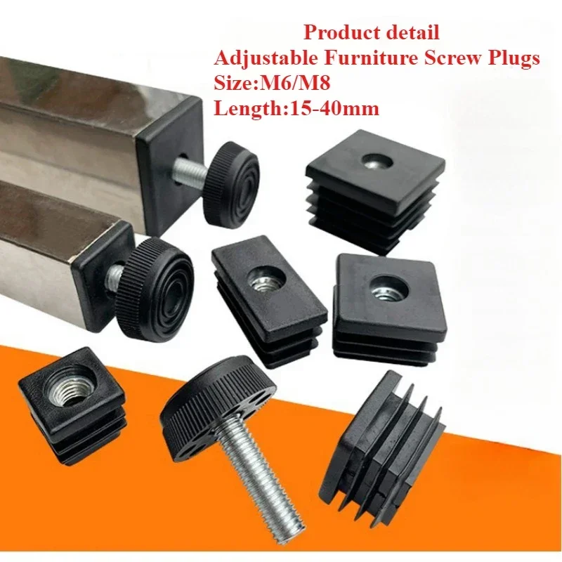 2/4Pcs Black Square Plastic Pipe Plugs Adjustable Screw  Foot Pad Furniture Leg End Caps Screw Size M6 M8 Length 15-40mm
