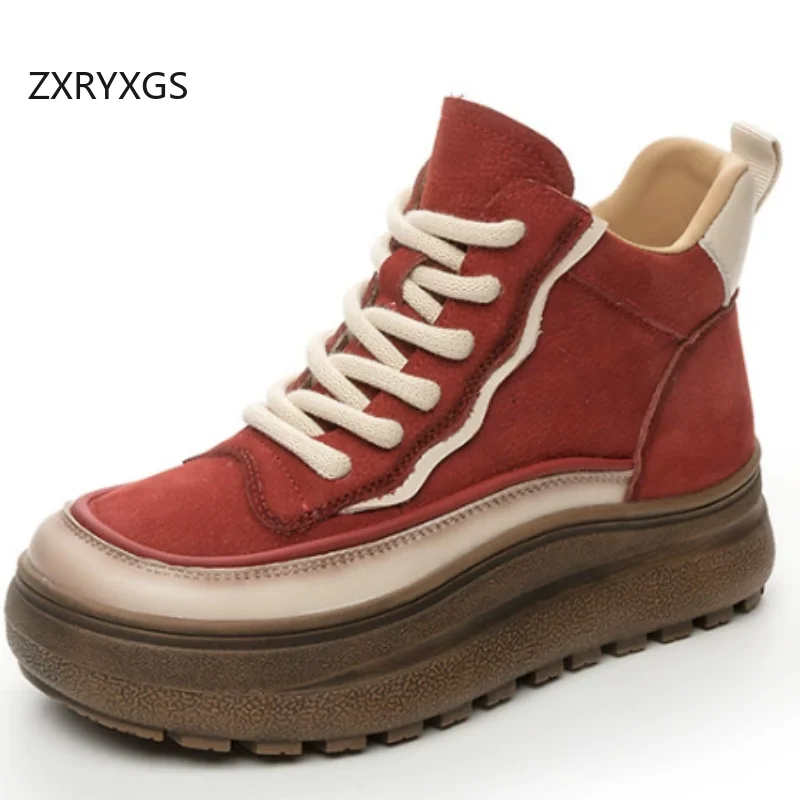 

ZXRYXGS Top Cowhide High Top Sneakers Short Boots 2026 Mixed Colors Autumn Winter Boots Women Thick Sole Height Increase Boots