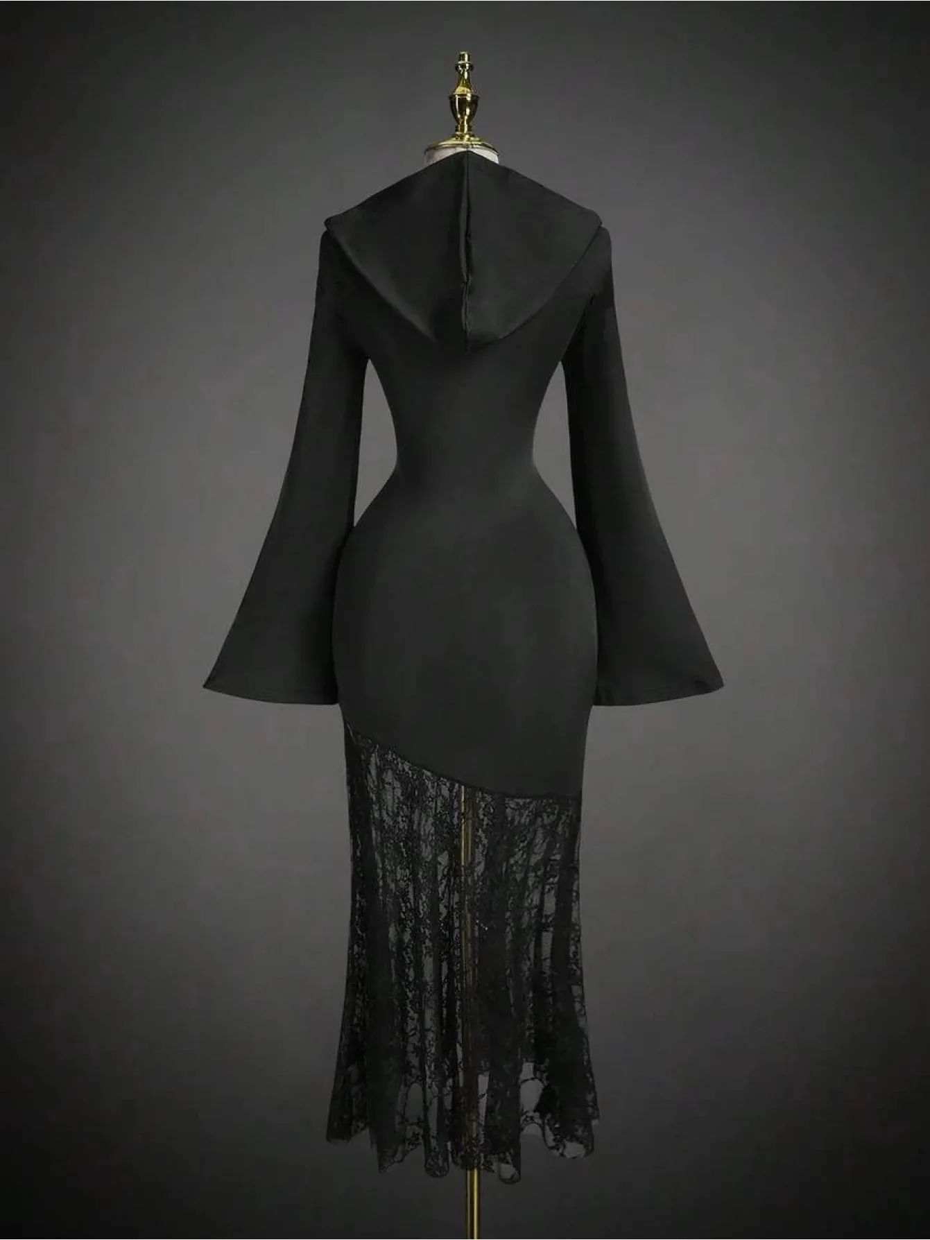Gothic Black Cross-Lace See-Through Long Dress Sexy Retro Hooded Long-Sleeved Tight Party Dress for Women Halloween Clothing
