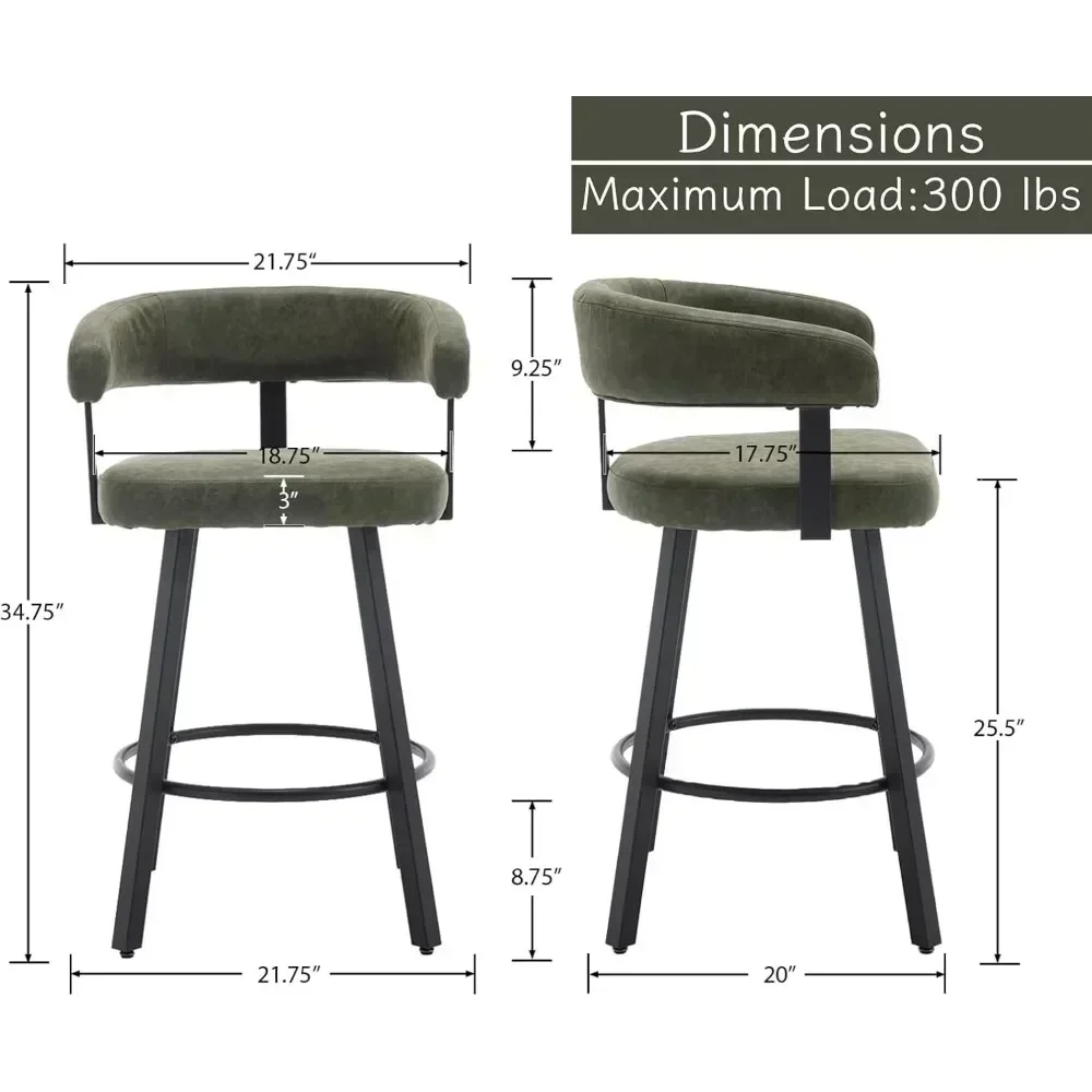 Tabourets de bar en cuir avec dos et repose-pieds, supports de piste de comptoir, chaises de bar confortables pour salle à manger, îlot de cuisine, 25 po, ensemble de 4