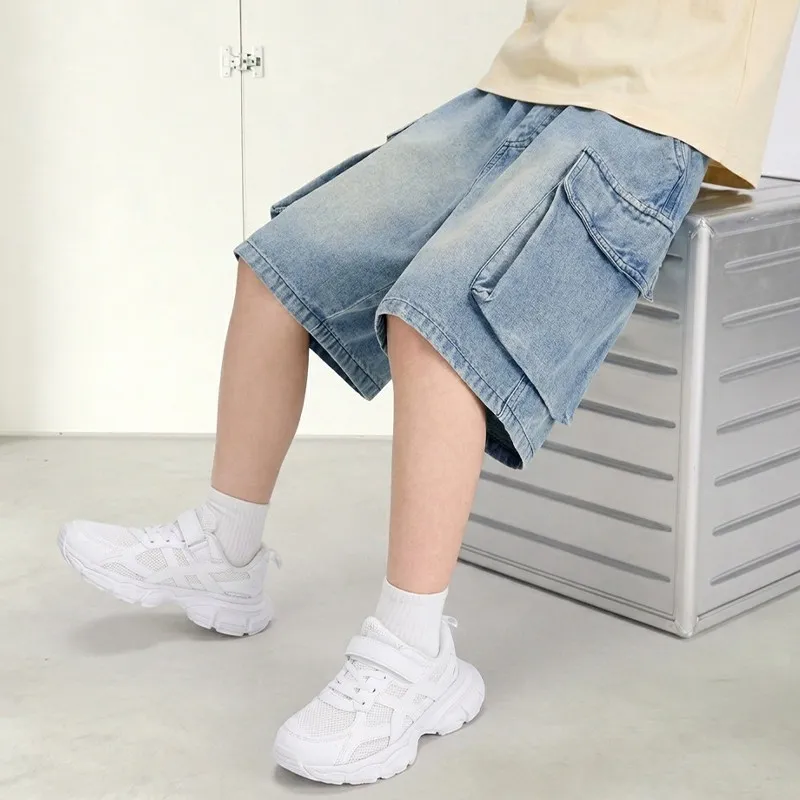 Boys Shorts Kids Pants Jeans Thin 2026 New Boys Large Pocket Summer Five Point Mid Length Shorts Outer Wear
