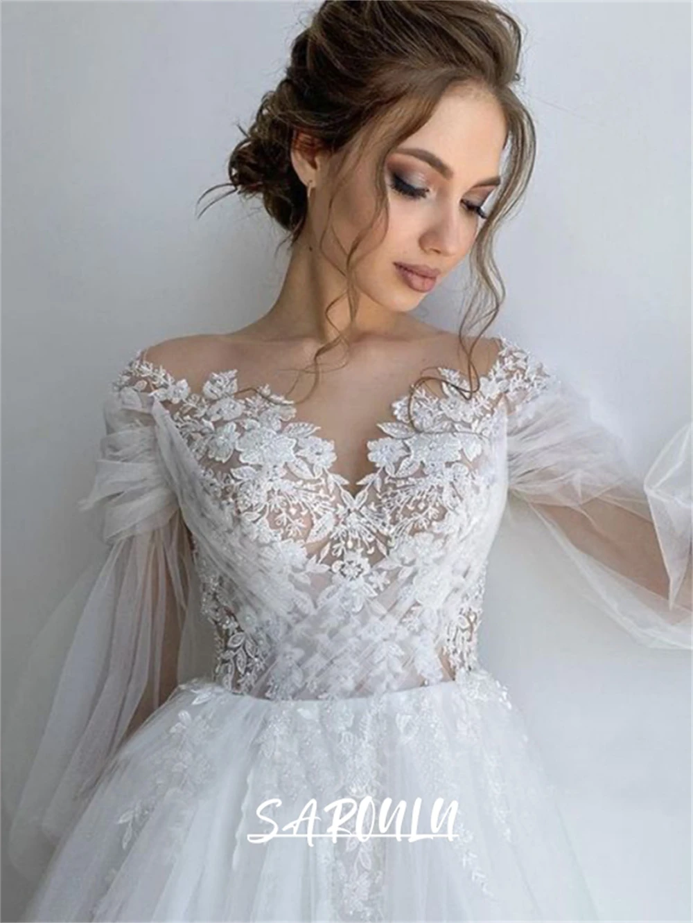 

Romantic Tulle Bride Dress Lantern Puff Sleeves Women Wedding Dress with Lace Appliques Customized Bridal Wedding Gown SAROULU