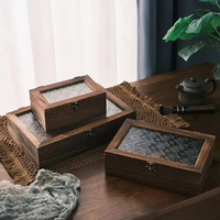 Rectangular Wooden Storage Box Nordic Retro Solid Wood Begonia Flower Glass Desktop Storage Decorative Box Hinged Storage Boxes