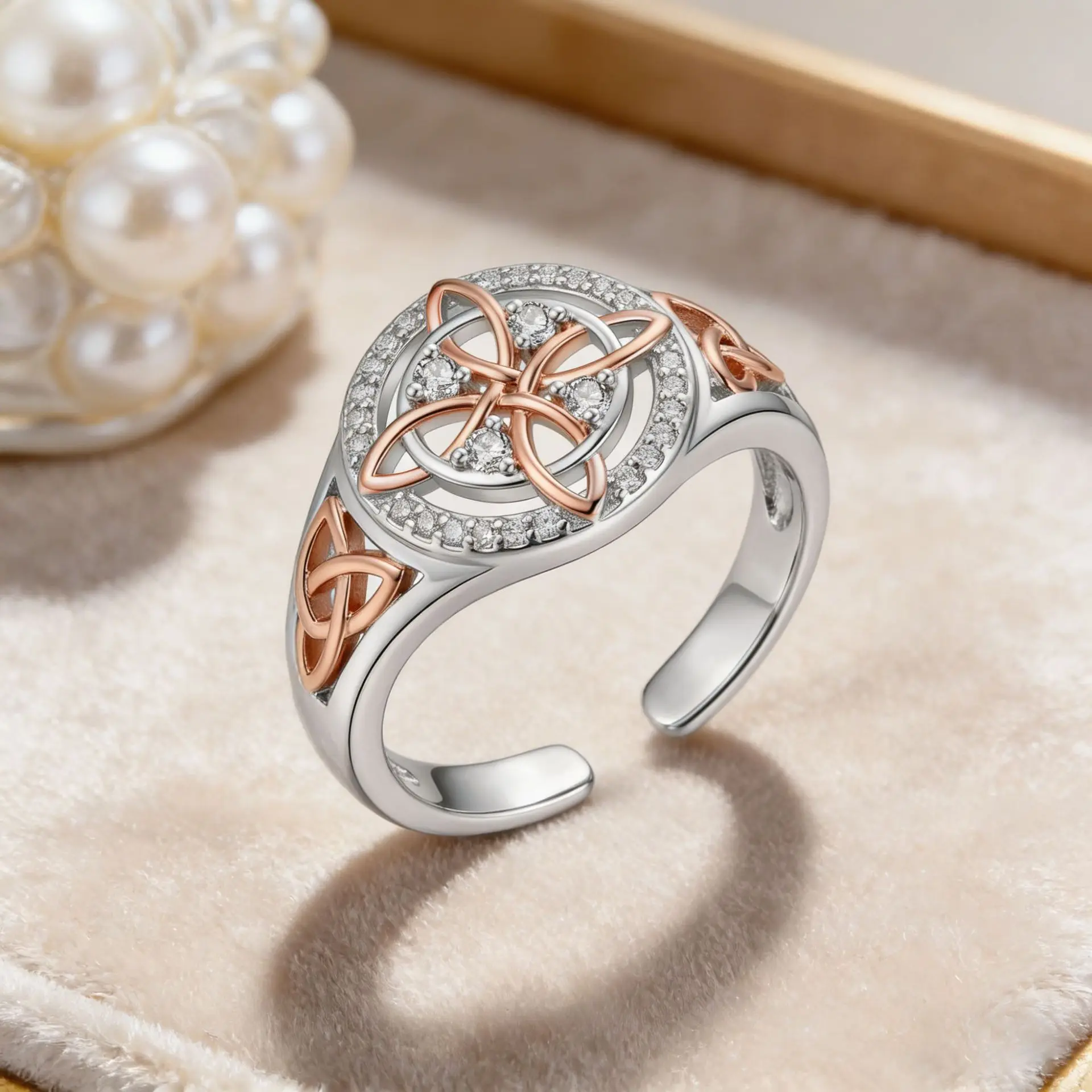 Zweifarbige Versilberte Hexenknoten-Ringe für Frauen Hexerei Vollbesetzt mit Zirkonia Offener Ring Amulett Schutz-Schmuck Geschenk