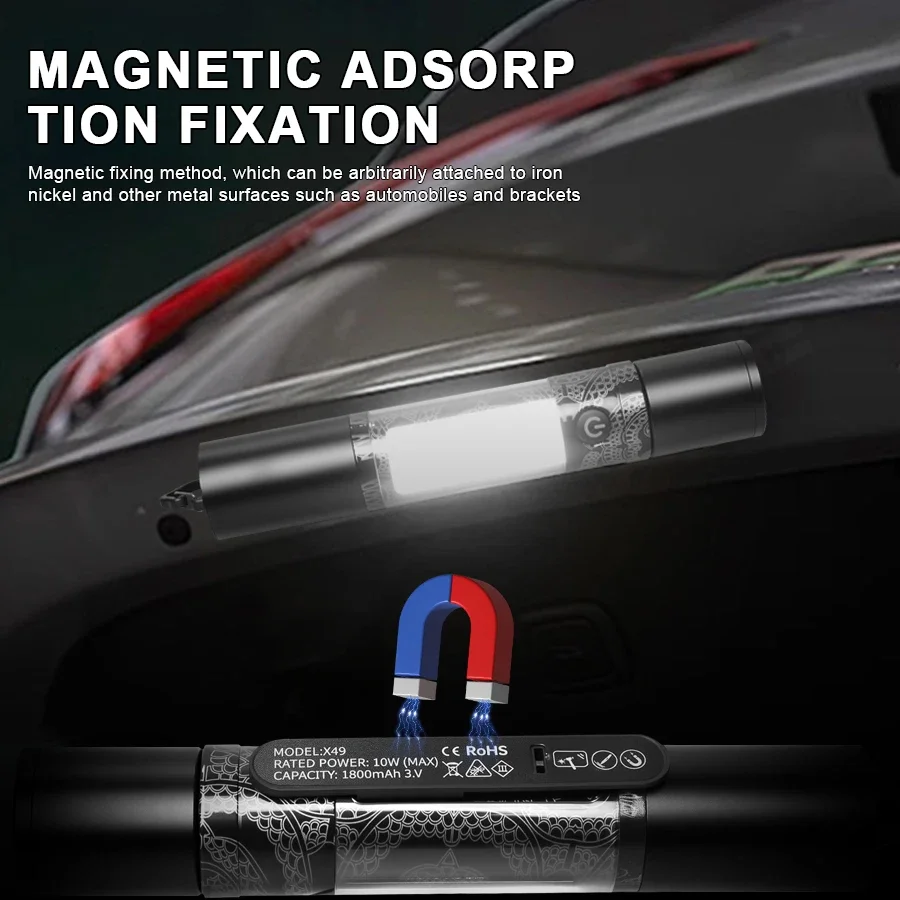 Rechargeable Zoomable Tactical Flashlight,9 Modes LED/COB Bike Light,Magnetic,Window Breaker,Seatbelt Cutter,Outdoor Cycling