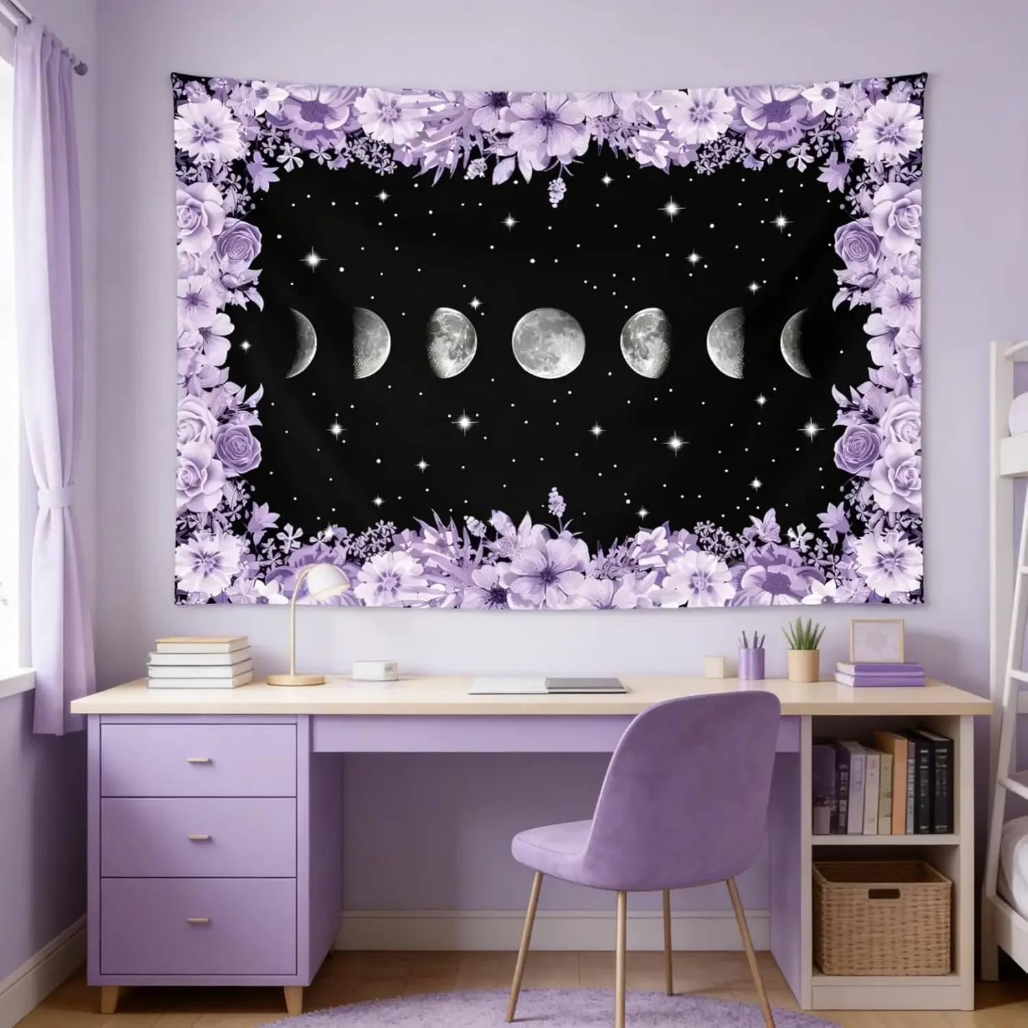 Floral Moon Phase Tapestry, Purple Flower and Starry Night Aesthetic Wall Tapestry for Bedroom, Boho Star Black Night Sky Wall