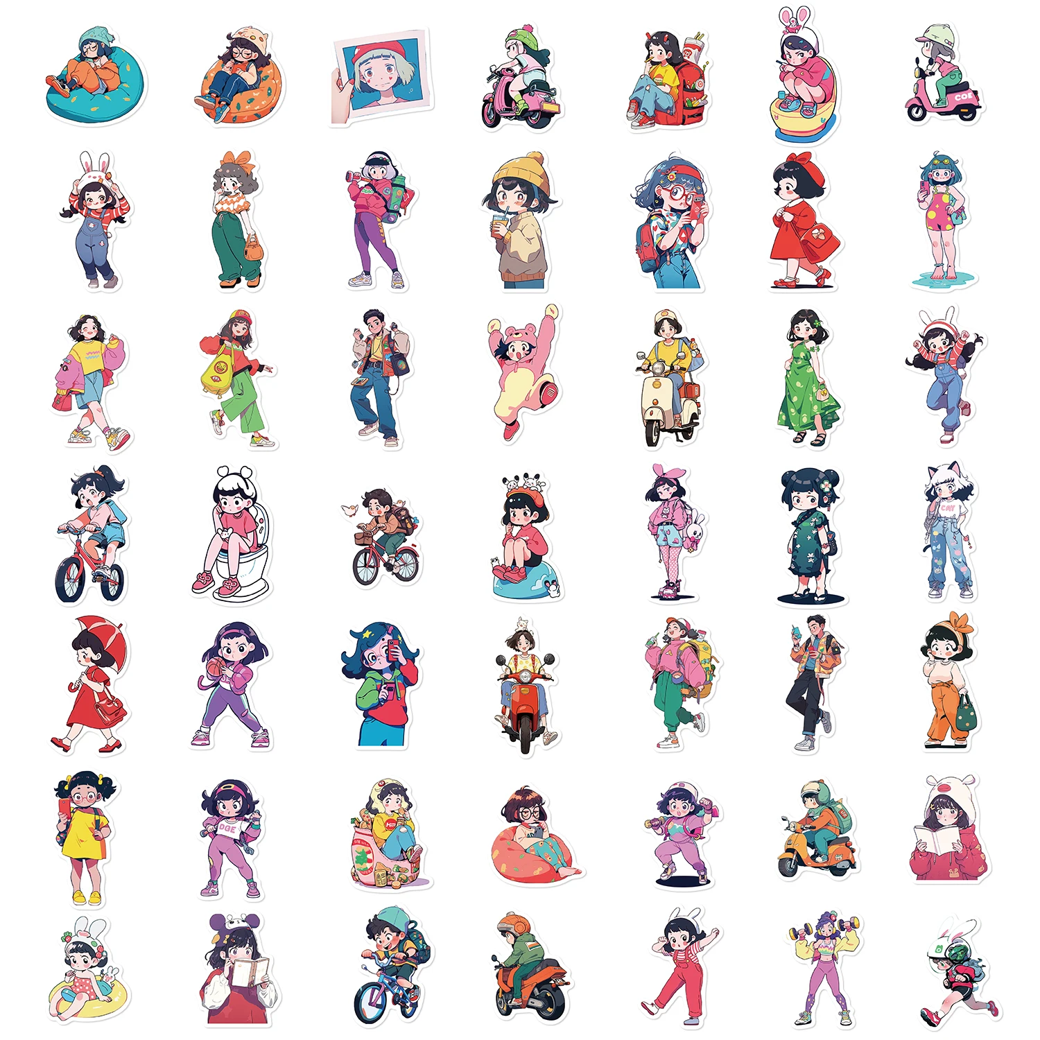 50PCS Cute Daily Life Girl Stickers Cartoon DIY Skateboard Phone Computer Case Laptop Waterproof Graffiti Sticker Decals Toy