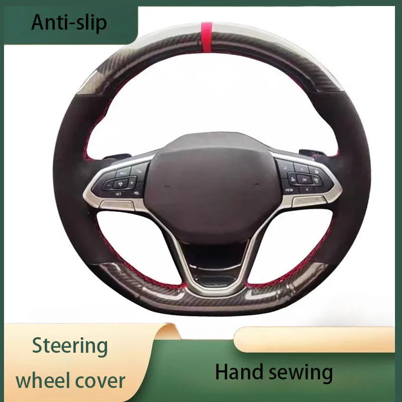 

Custom Car Steering Wheel Cover Suede Carbon Fiber Leather For VW Golf 8 Atlas 2020 2021 Hand-stitched Black Auto Interior