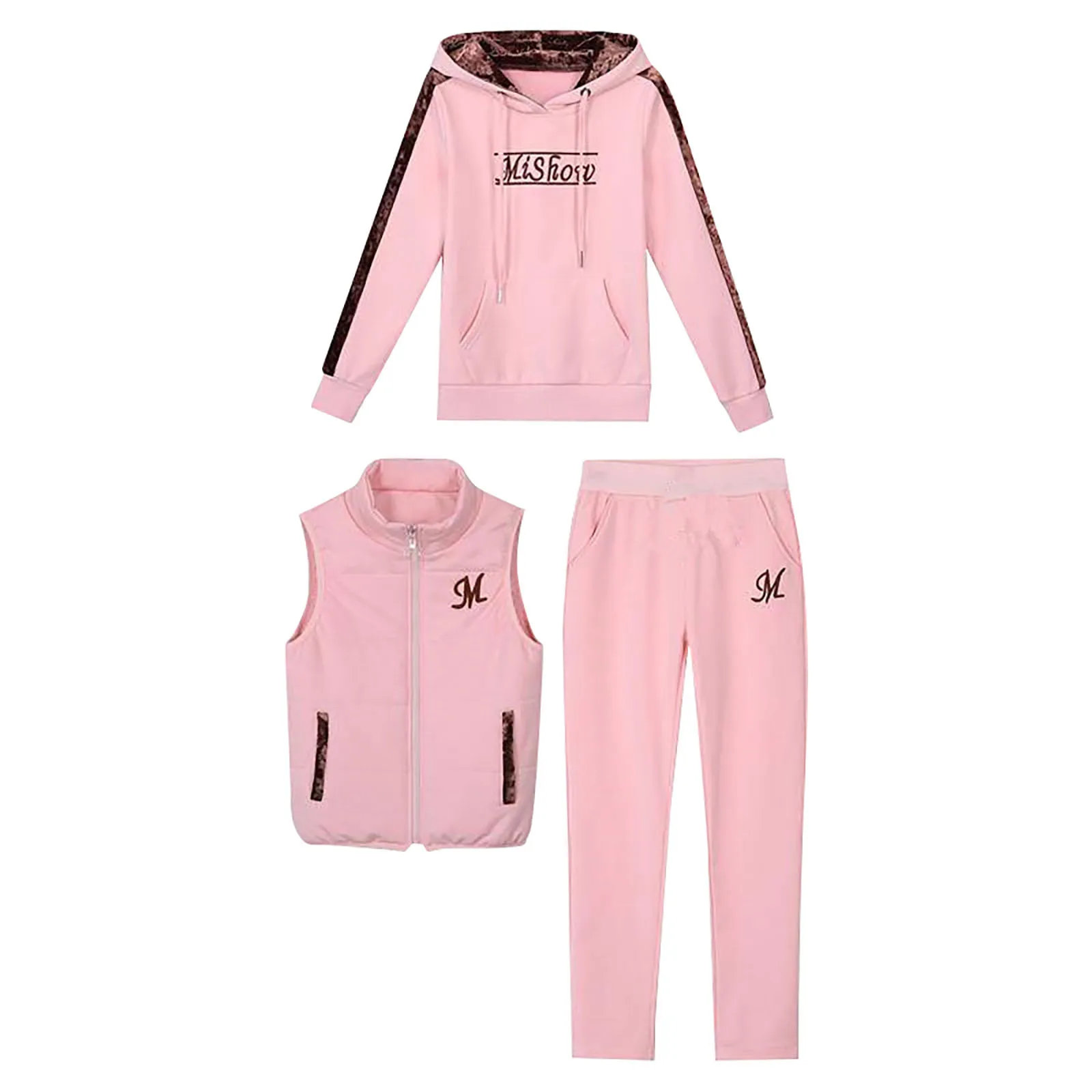 3Pcs/Set Simple Women Tracksuit Thickened Elastic Waist Letter Print Women Hoodie Jogging Pants Zipper Vest Suit Coldproof