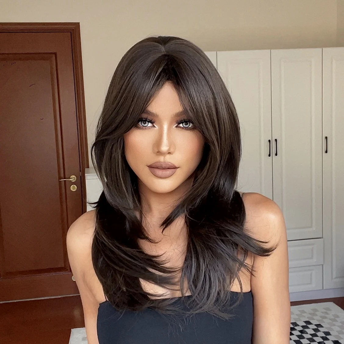 EASIHAIR Medium Length Layered Natural Hair Wig Dark Brown Wavy Synthetic Wigs for Women with Bangs Daily Wigs Heat Resistant