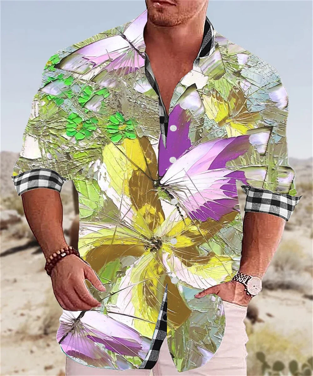 2023 men's flower shirt summer leisure lapel street graffiti flower printing long sleeve oversized shirt men's cardigan