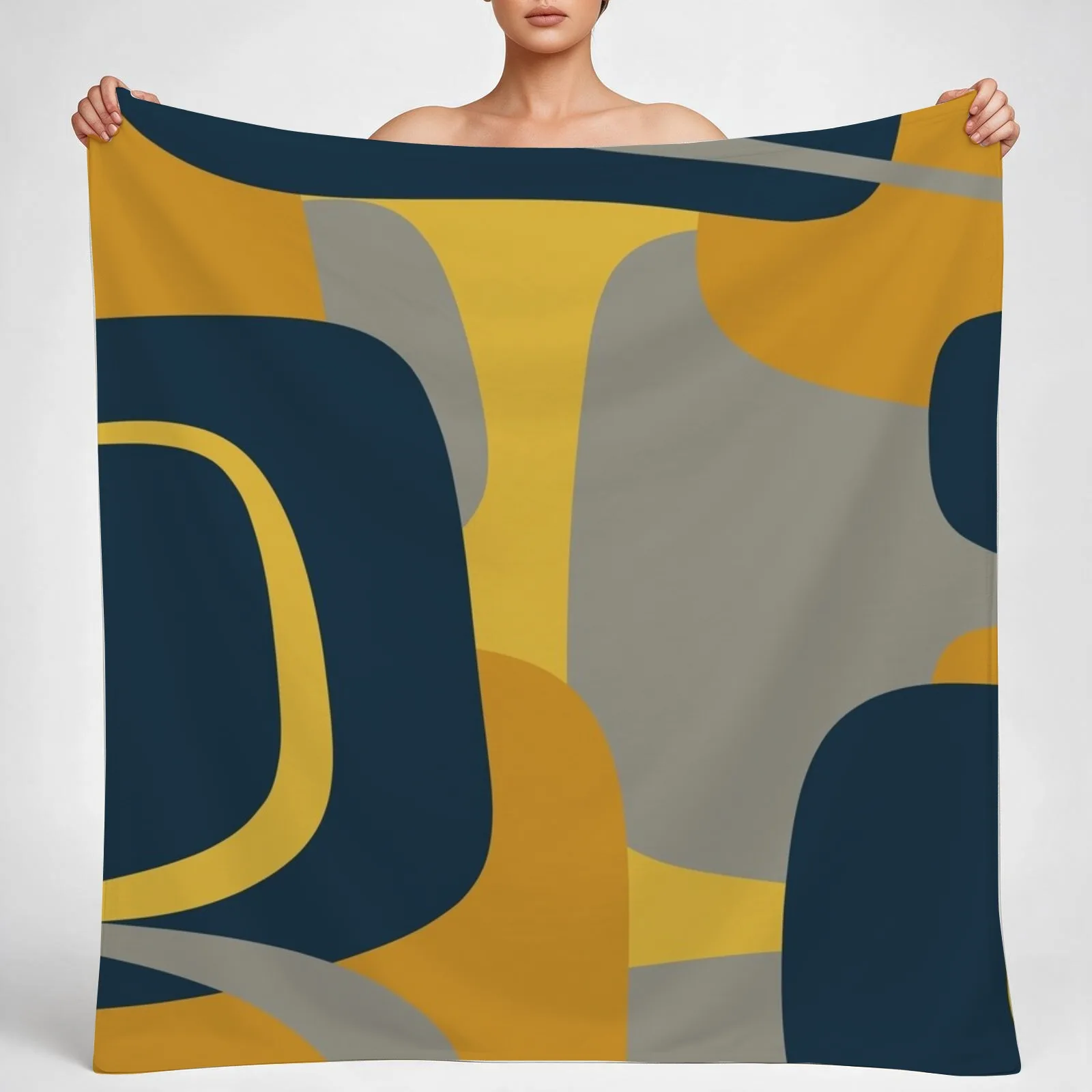 Mid Century Modern Retro Abstract Pattern in Navy Blue, Mustard Yellow, and Gray Throw Blanket couch