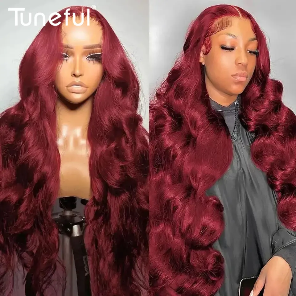 Premuim 13x4 99j Reddish Burgundy Colored Lace Front Human Hair Wigs Body Wave HD Transparent Lace Frontal Human Hair Wigs