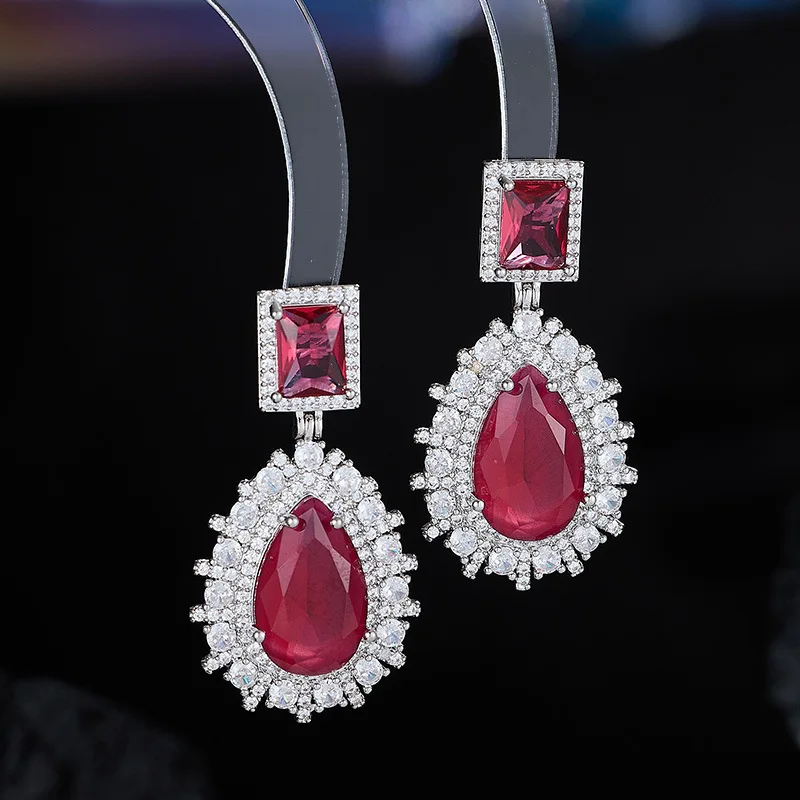 green fushia pink water drop earrings for women jewelry zirconia artificial gemstone dangling earrings