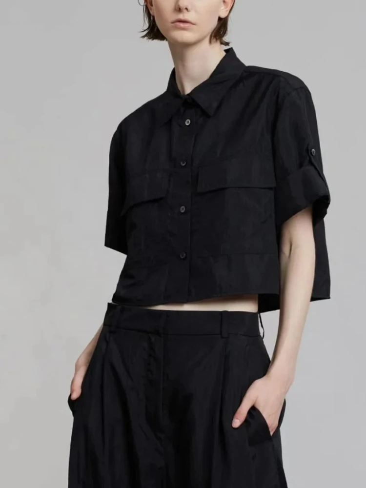 

Fashion Women's Single-breasted Short Shirt Toop Work Blouse with Pockets or Casual High Waist Pants