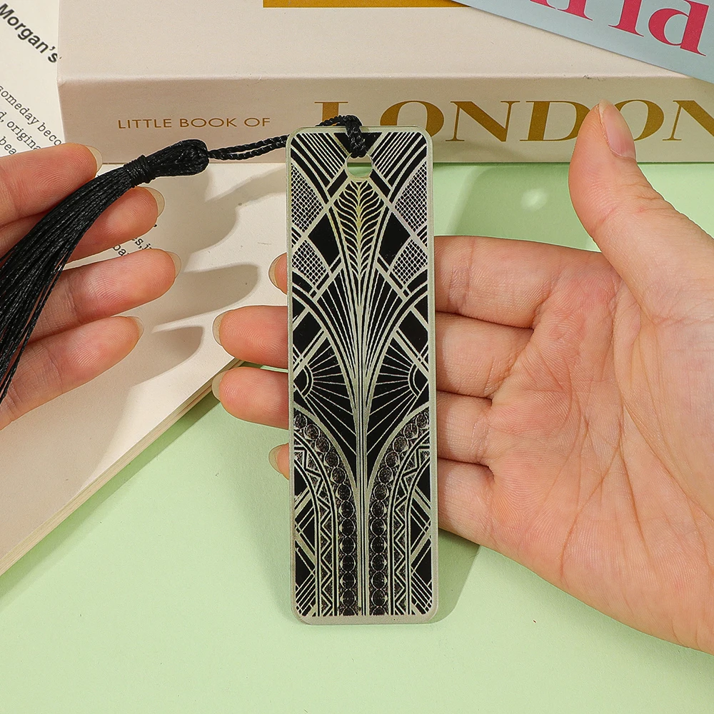Vintage Art Deco Acrylic Bookmark with Tassel, Geometric Black Gold Page Marker, Luxury Reading Gift for Women Book Lovers - view 4