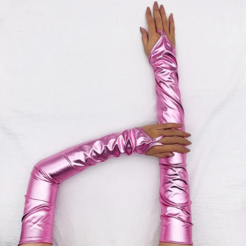Manoplas sexis finas y largas de Color sólido para espectáculo en club nocturno, guantes de cuero Pu para Cosplay, mitones sin dedos, guantes de cuero con manga para brazo