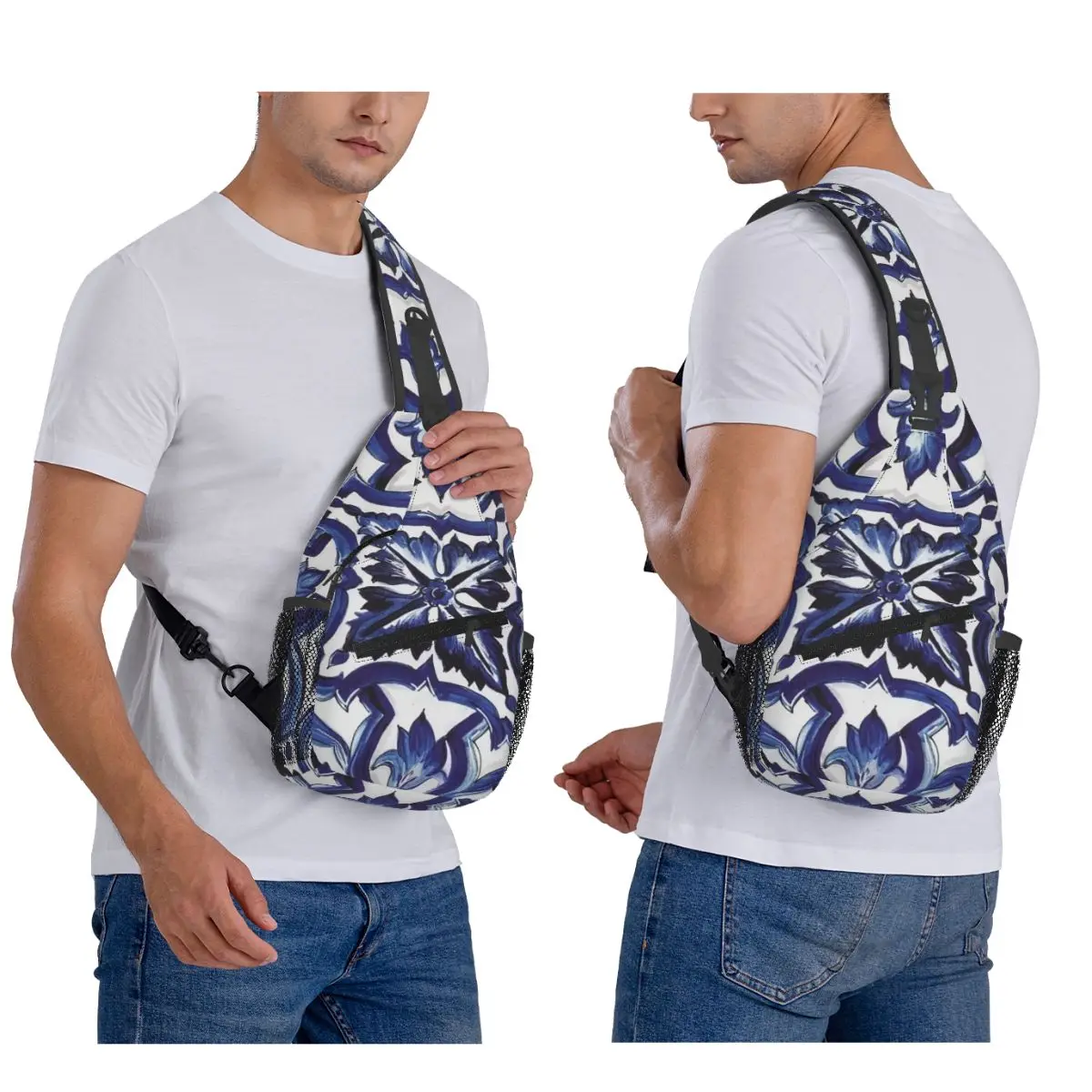 

Blue Ornate Floral Mediterranean Sicilian Tile Chest Bag Men Sling Crossbody Backpack Chest Bag Travel Daypack Shoulder Bag