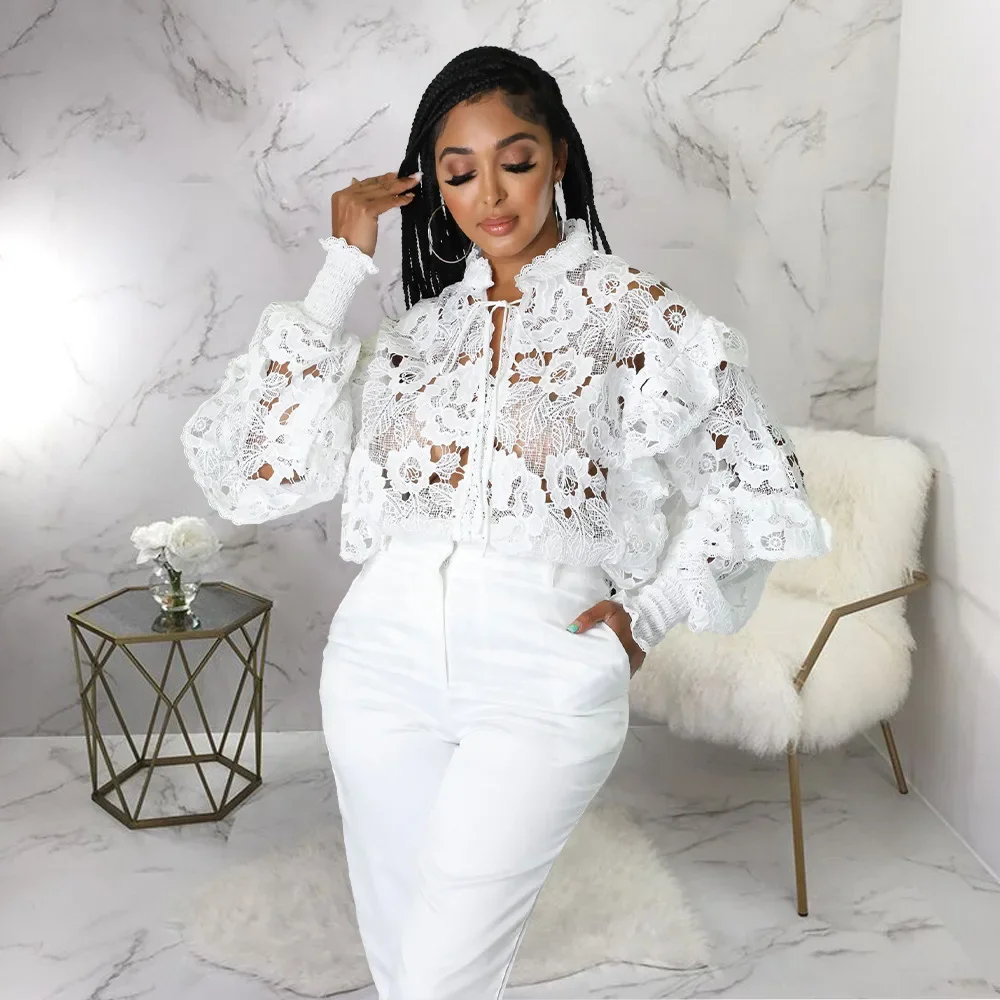 Women Elegant Lace See Though Ruffles Lantern Long Sleeve Floral Shirt and Blouse Tops Dashiki African Shirts