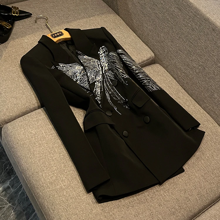 

Ele Lady's Long Sve Suit Jaet Heavy Embellied Dragoy Rhinestones Commute Sle Loose Fit Regular Sve Length