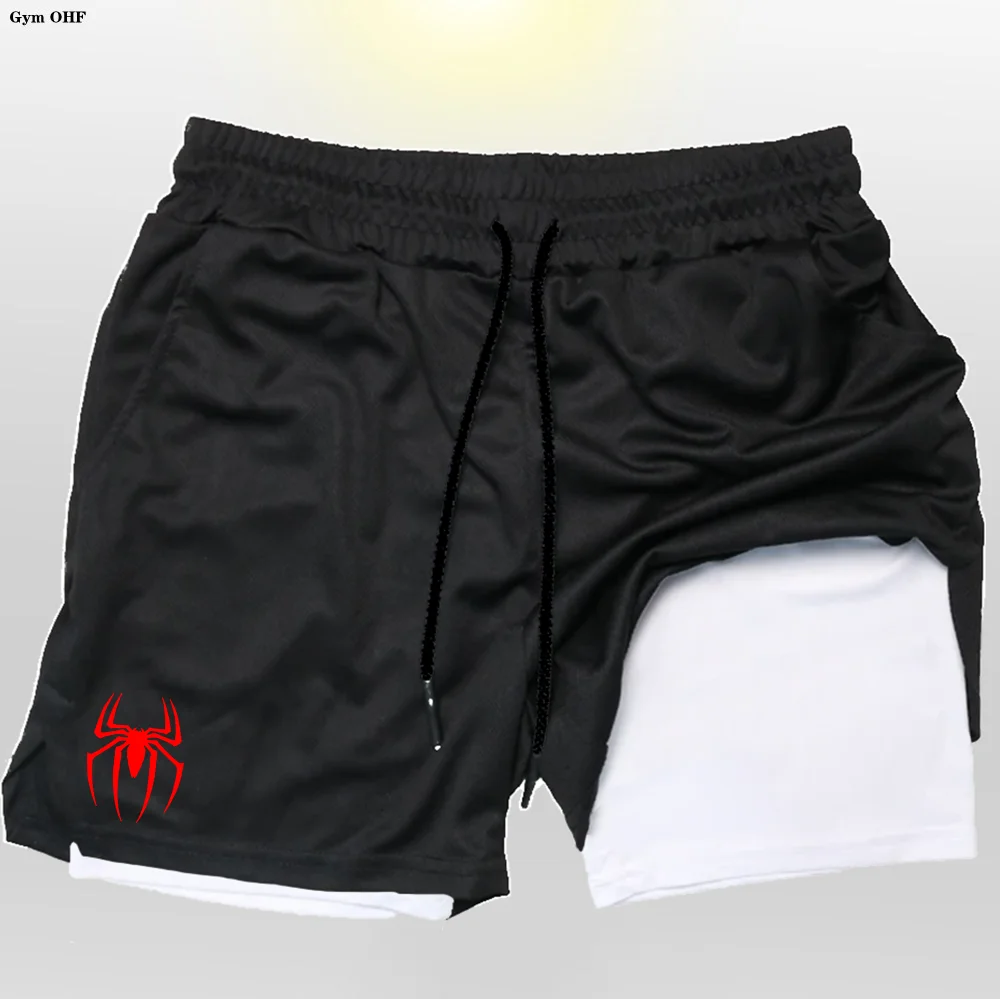 Anime Spider Compression Shorts Men Sportswear Gym Boxing 2 In 1 Training Workout Fitness Sport Men Shorts Rashguard Jiu Jitsu