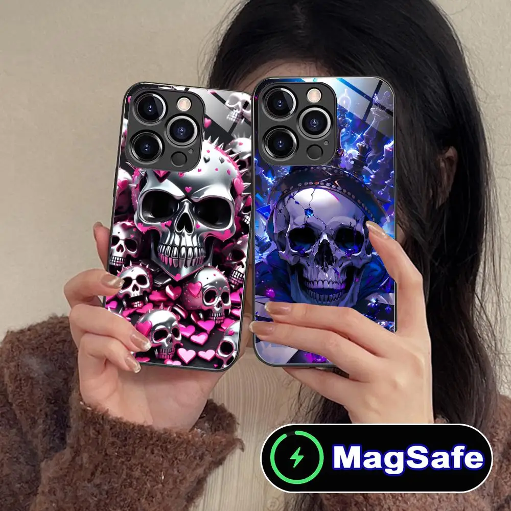 

Чехол для мобильного телефона с серебряным черепом для iPhone 17, 16, 15, 14, 13, 12, 11 Air Pro Max Plus Mini MagSafe, стеклянный цветной чехол, роскошный