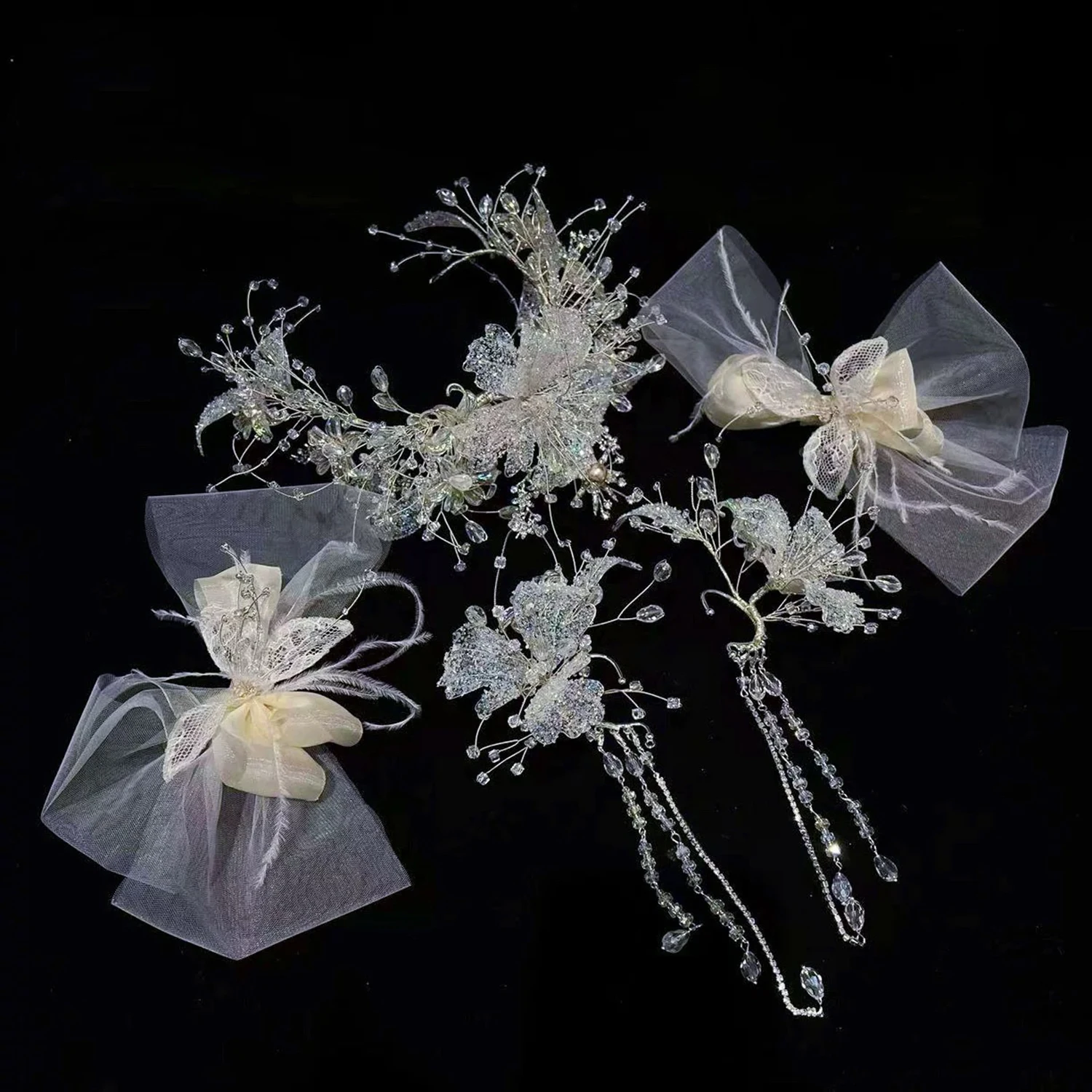 Princess Bridal Crown Headdress with Crystal Earrings Luxury Wedding Dress Makeup Butterfly Hair Accessory High-End Elegant