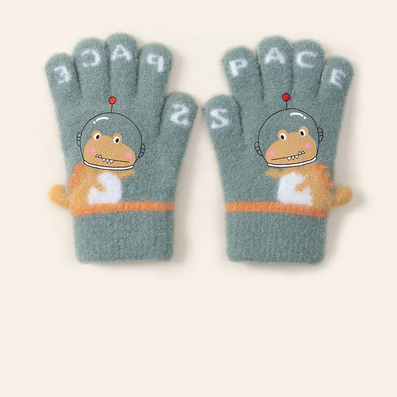 Sarung Tangan Dinosaurus Kartun Lucu Anak Laki-laki Musim Dingin Sarung Tangan Rajutan Hangat Anak-anak Sarung Tangan Lima Jari Sarung Tangan Rajut Anak-anak TK 3-8Y