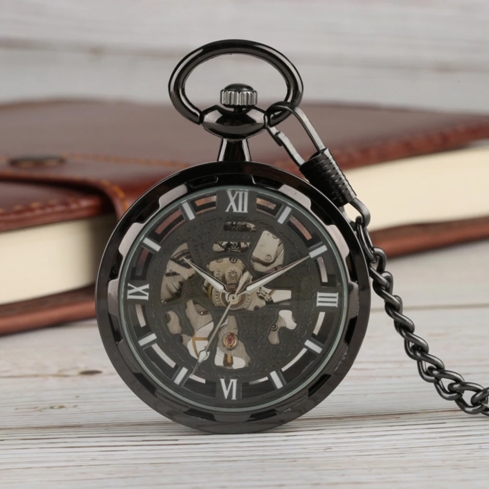 

Simple Black Skeleton Mechanical Pocket Watch Hand Winding Steampunk Watch Chain Roman Numerals Dial Capless Clock Pendant Gifts