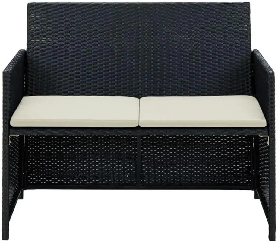 Outdoor 2-Seater Sofa, Poly Rattan and Powder-Coated Steel Frame, Black Finish with Polyester Cushions, Water-Resistant, Lightwe