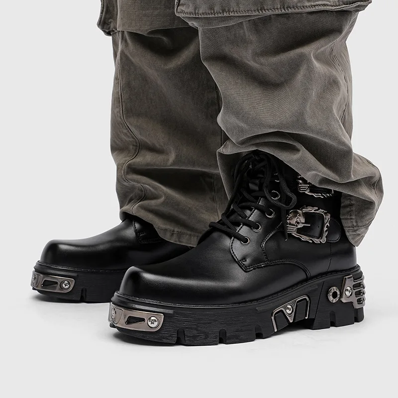 

Мужские повседневные ботинки на платформе в стиле панк-рок большого размера, черные дизайнерские туфли, ковбойские ботинки из натуральной кожи, крутые мотоциклетные ботильоны, мужские ботинки