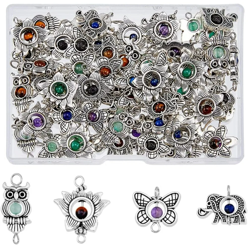 64Pcs 4 Styles Natural Mixed Stone Connector Charms Antique Silver Stone Charms Links Owl Elephant Butterfly Connector Charm