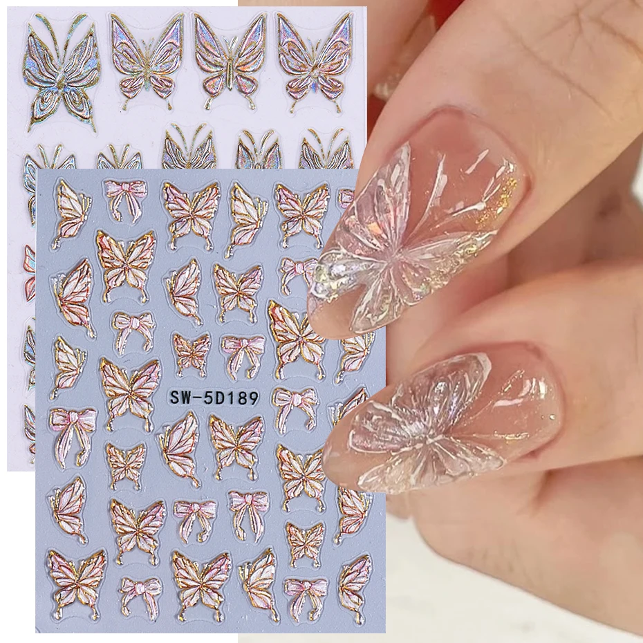 2pcs 5D นูนผีเสื้อสติกเกอร์เล็บ Luxury Glitter Aurora กลีบผีเสื้อตกแต่งเล็บสติ๊กเกอร์ DIY เล็บ Slider