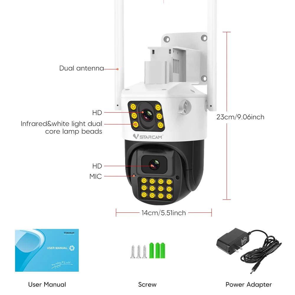 VSTARCAM 6MP 4K 듀얼 렌즈 광각 홈 카메라, IP66 방수, 360도 °   PTZ 뷰, 사람 감지, 컬러 야간 투시, 양방향 통신
