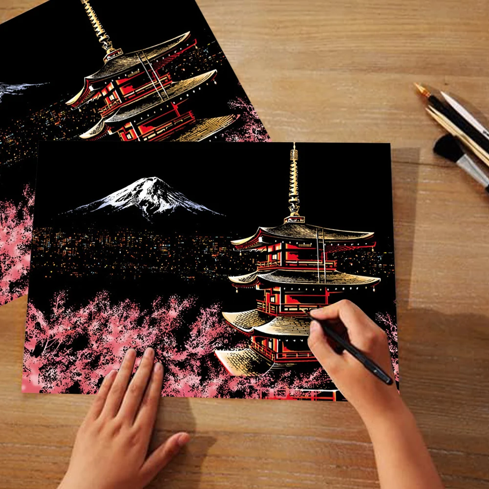 Coloring Scratch Picture DIY Toy of Mount Fuji Night View Kids Adult Handmade Scraping Painting Paper for Stress Relief 16x11.2″