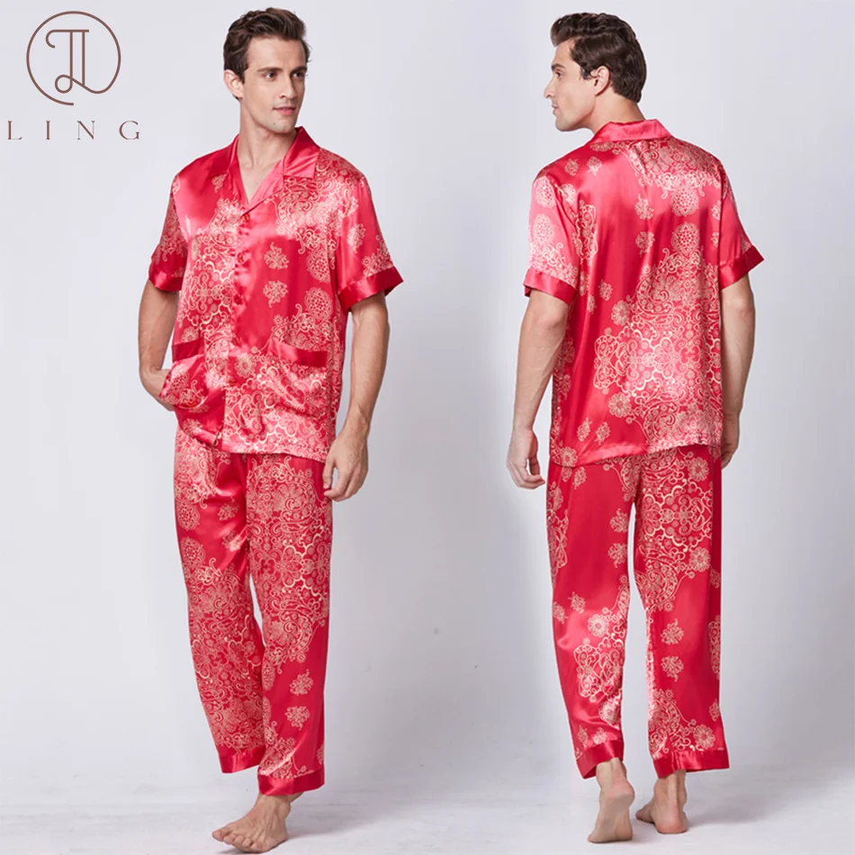 Ling Silk Satin Mens Pajama Sets Half Sleeve Men's Sleep Lounge Sleepwear Two Piece Sets Plus Size Elastic Waist M-XXXL