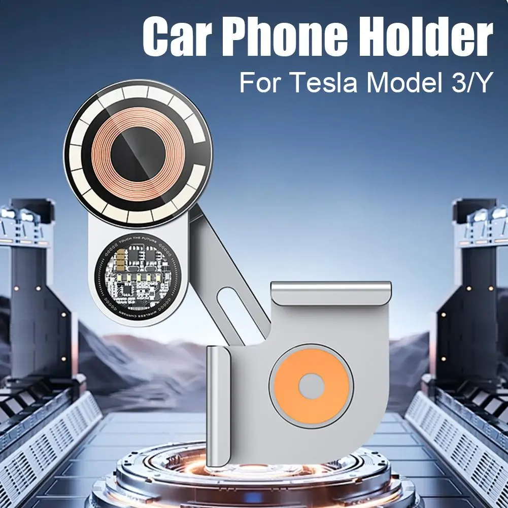 Aluminum Alloy 360° For Tesla 3/Y Macsafe Suspended Screen Wireless Fast Charging Magnetic Suction Car Phone Holder Punk Style