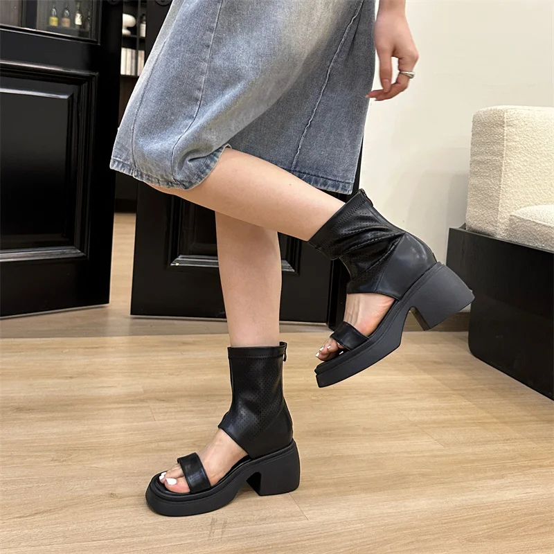 

Женские сандалии на блочном высоком каблуке, женская обувь на платформе, босоножки на массивном каблуке с молнией сзади в стиле панк, летние женские туфли с высоким завязком