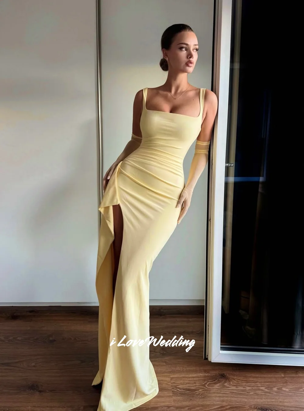 

Yellow Strapless Evening Dresses 2025 Square Neck Sleeveless Backless Mermaid Split Floor-Length Pleated Party Dress Customized