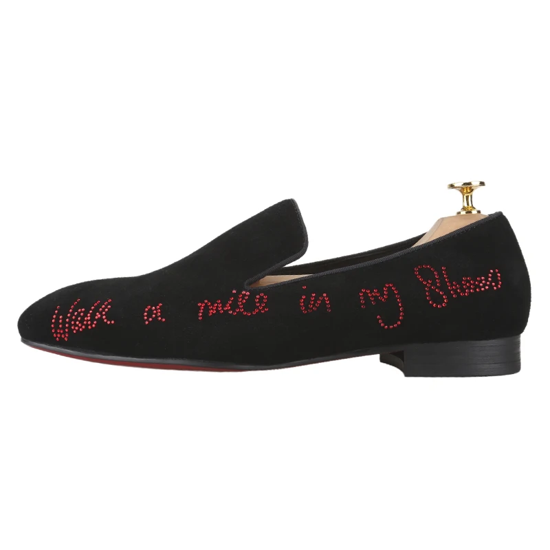 Piergitar Black Suede Men's Loafers With Handmade Red Letters Crystals Italian Luxury Brand CL Same Design Moccasins Red Outsole