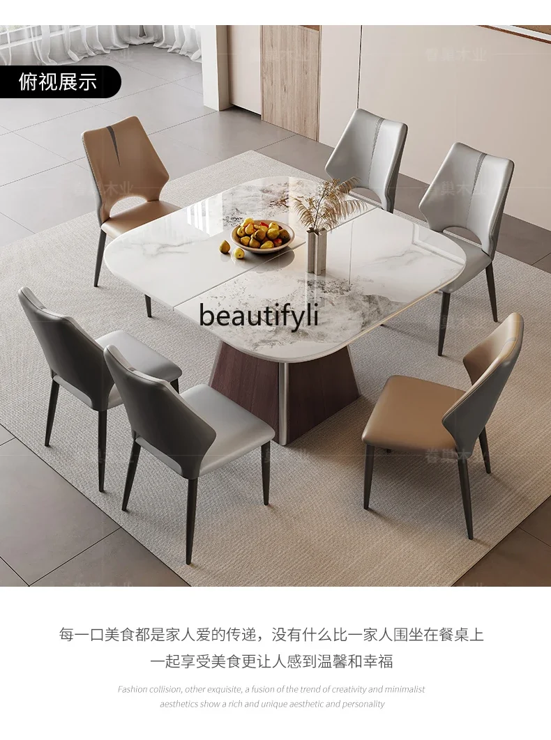 

High-end retractable square rock slab dining table, modern simple small apartment, induction cooker stretch dining table C56