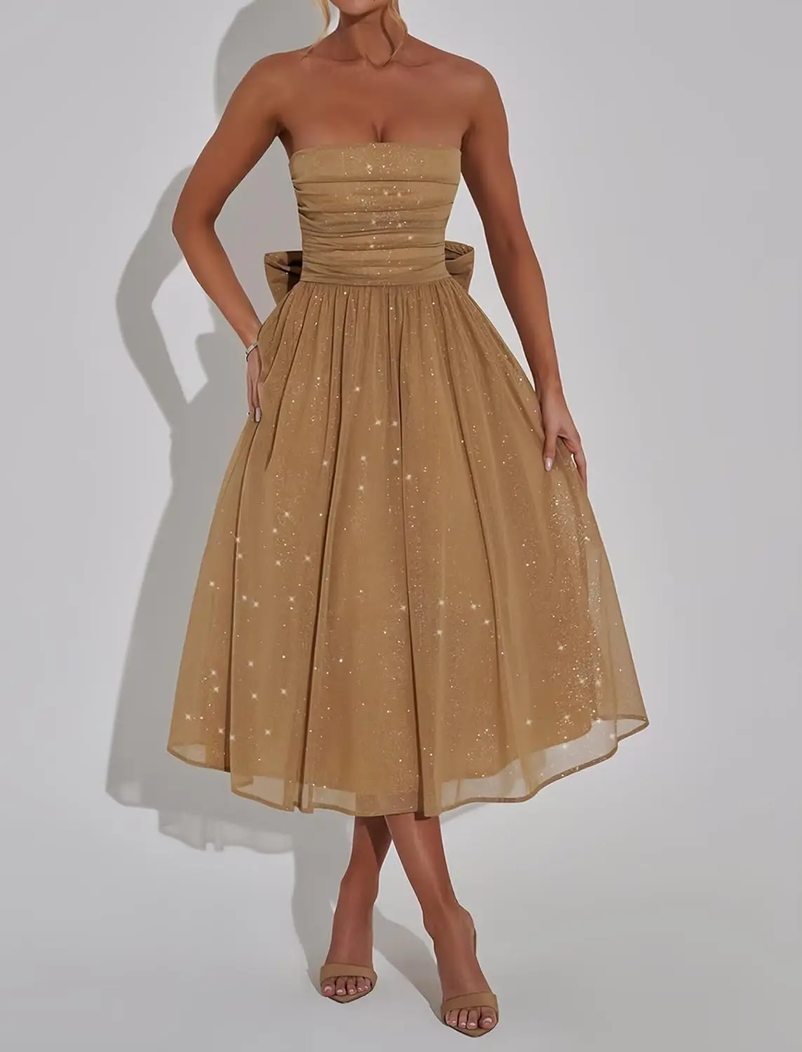 

Tea Length Formal Dress with Pockets Evening Dress Glitter Tulle Prom Dresses for Women Strapless Cocktail Party Gowns with Bow