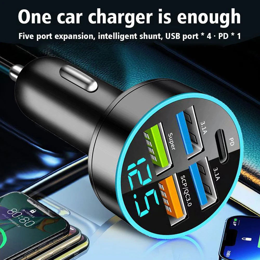 66W Digital Display Car Charger With 4 USB Ports 250W Super Fast Digital Display Car Charger 5 USB Ports PD Super 3.1A