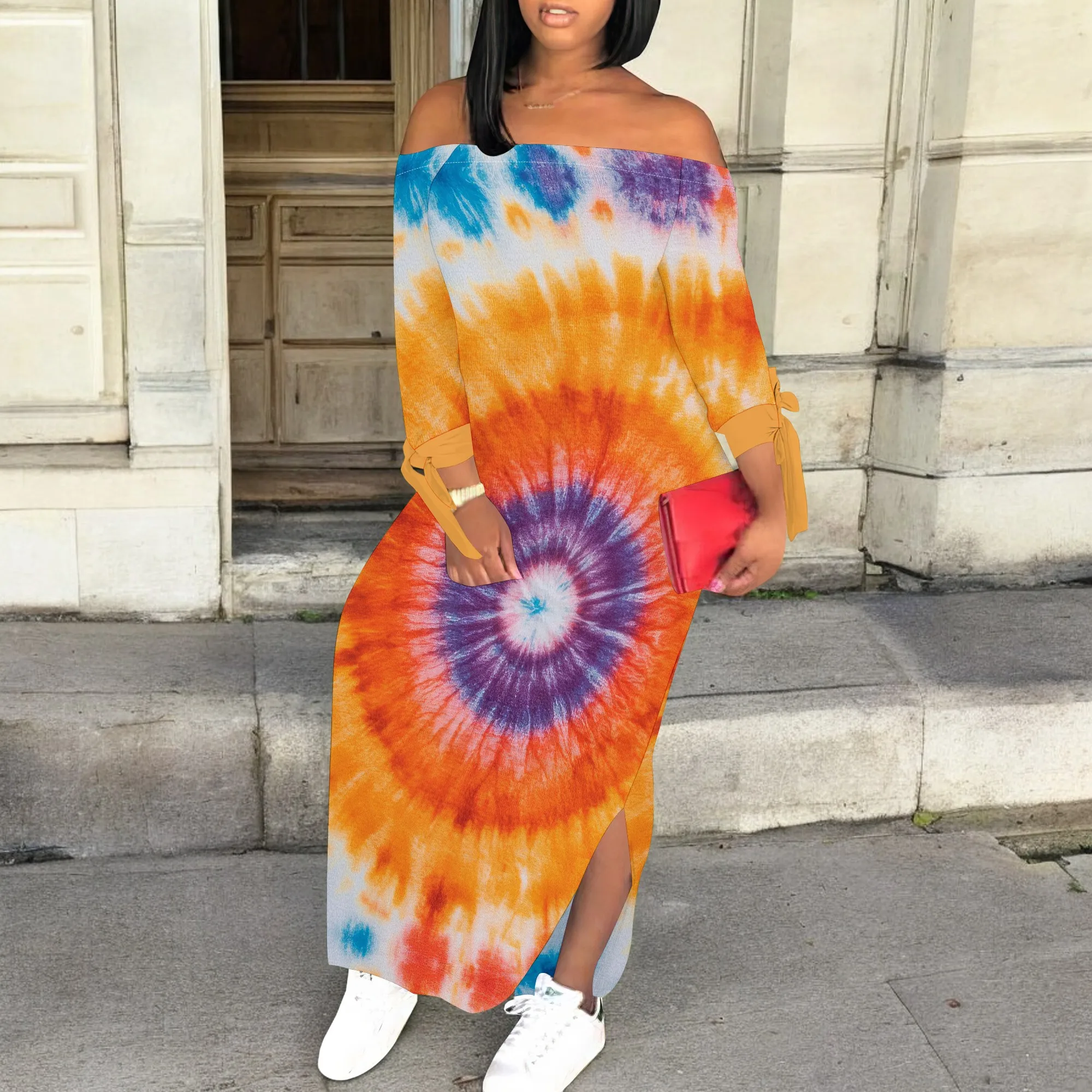 

Off Shoulder Tie Dye Maxi Dress for Women Rainbow Spiral Print Boho Summer Holiday Outfit
