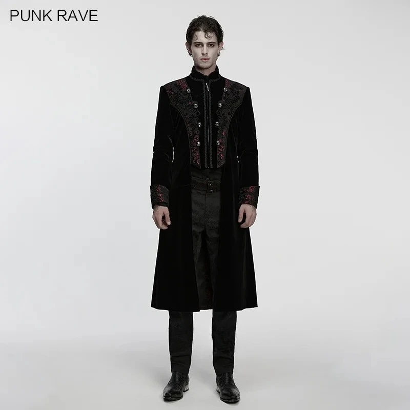 PUNK RAVE Men's Gothic Flat Velvet Palace Pattern Jacquard Coat Ultimate Tailoring Unique Elegant Long Jacket Two Colors