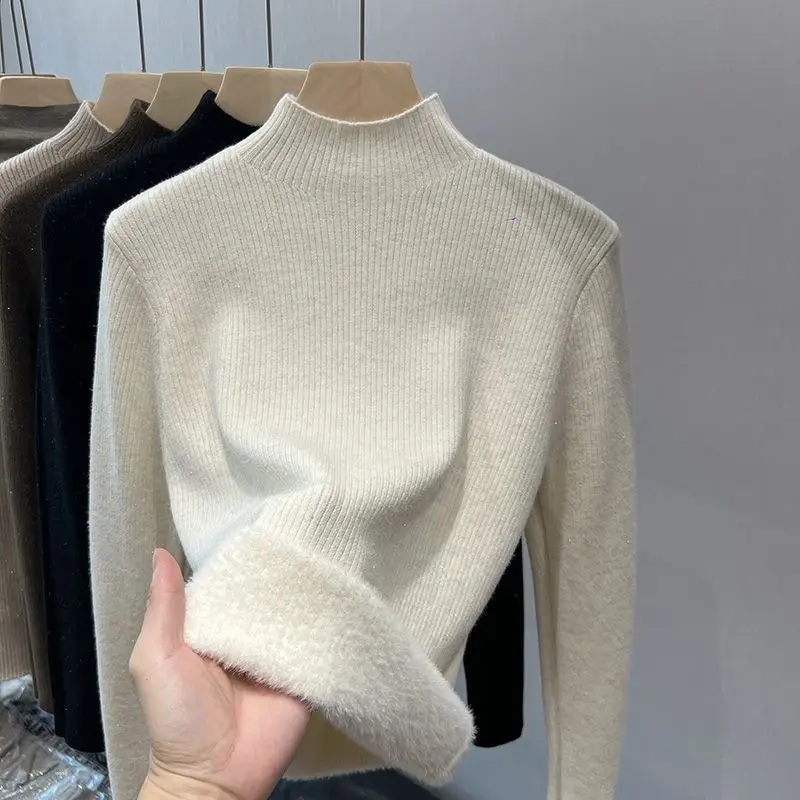 Solid Bright Pullovers Sweaters Turtleneck Fleece Warm Knitwear Korean Casual Slim-fit Bottoming Elegant Shirt Knitwear Jumpers