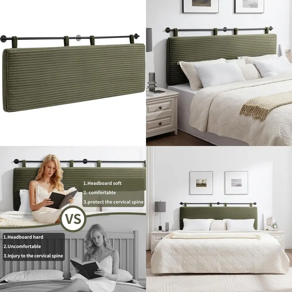 

King Size Wall-Mounted Upholstered Bed Board with Elegant Green Velvet Channel Design for Bedroom