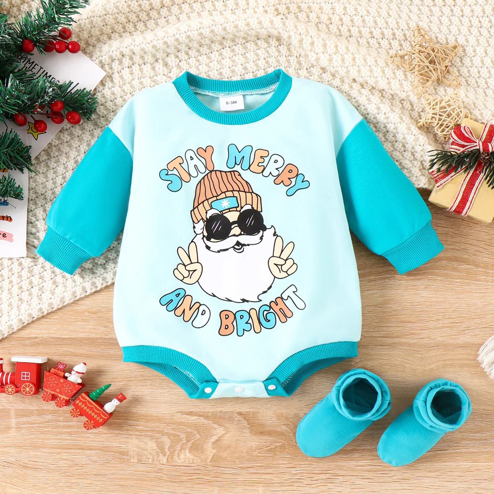 0-18M Baby Girls Christmas Bodysuit Costume Santa Print Long Sleeves Xmas Sweatshirt Romper Dresses For Toddler Girl Sock Set