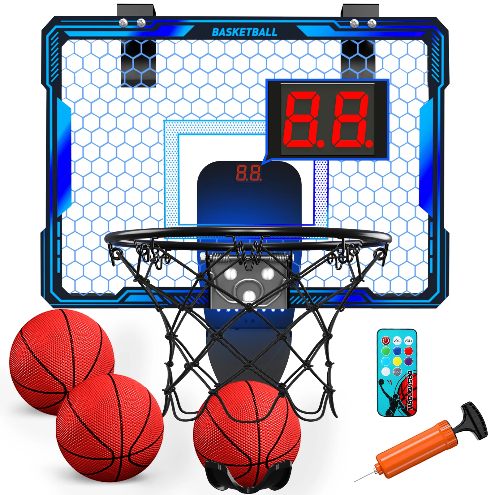 Remote Control Basketball Hoop Indoor with 7 LED Lighting, Over Door Basketball Hoop, Basketball Toys Gift for Kids, Adults